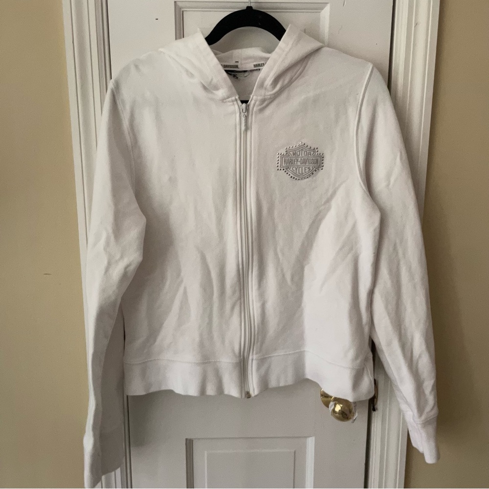 Harley Davidson Embroidered Flames Logo Studded Bling Hoodie in White - Picture 3 of 6